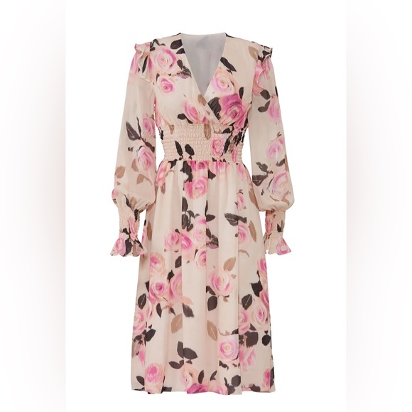 Pinko Dresses & Skirts - Pinko blooms smocked dress in pink roses ruffles flowy midi feminine Sz 2